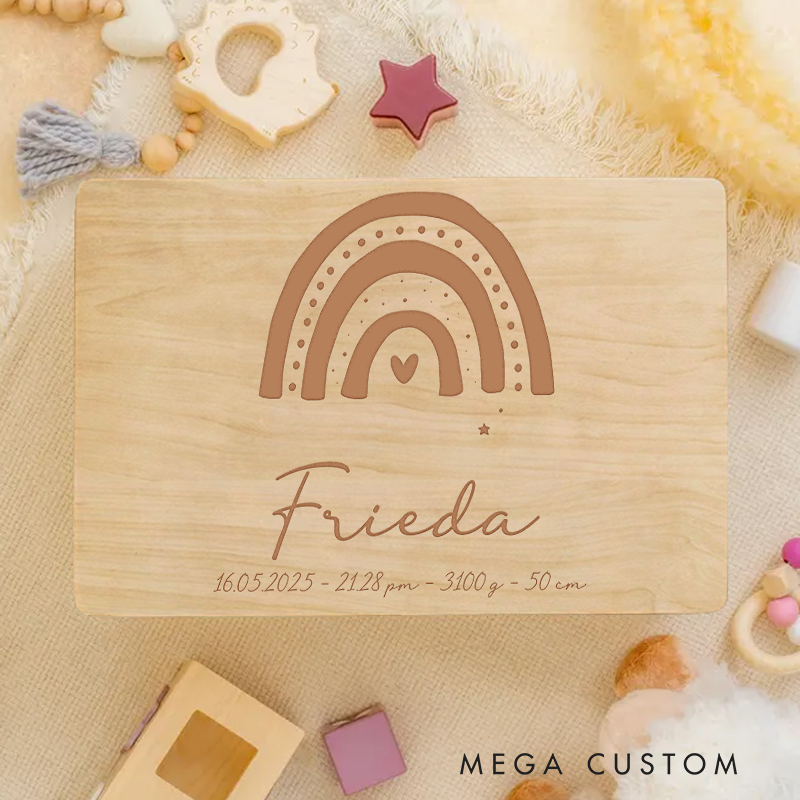 Personalized Rainbow with Heart Center and Birth Details for a Warm and Cherished Keepsake Memory Box