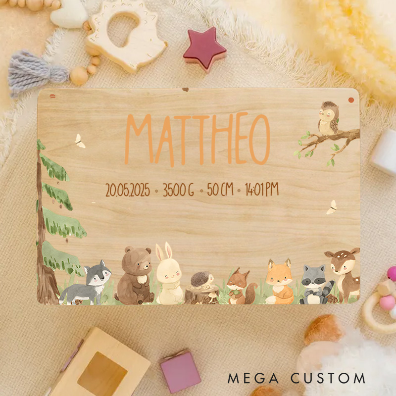 Personalized Forest Animal Friends with Birth Details and Nature Elements for a Whimsical and Treasured Memory Box