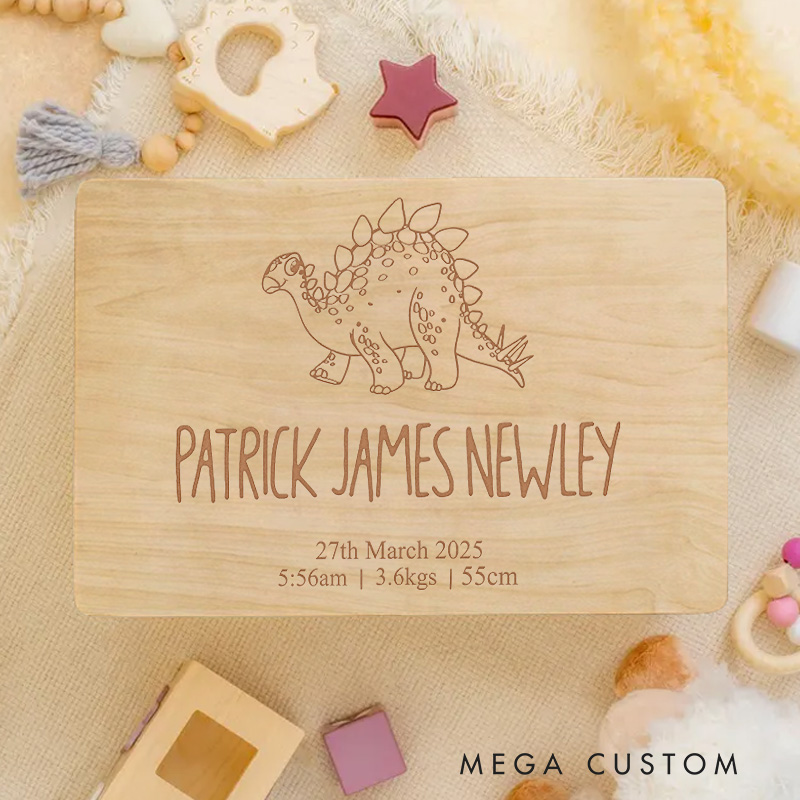 Personalized Adorable Dinosaur Illustration with Birth Details for a Fun and Timeless Keepsake Memory Box