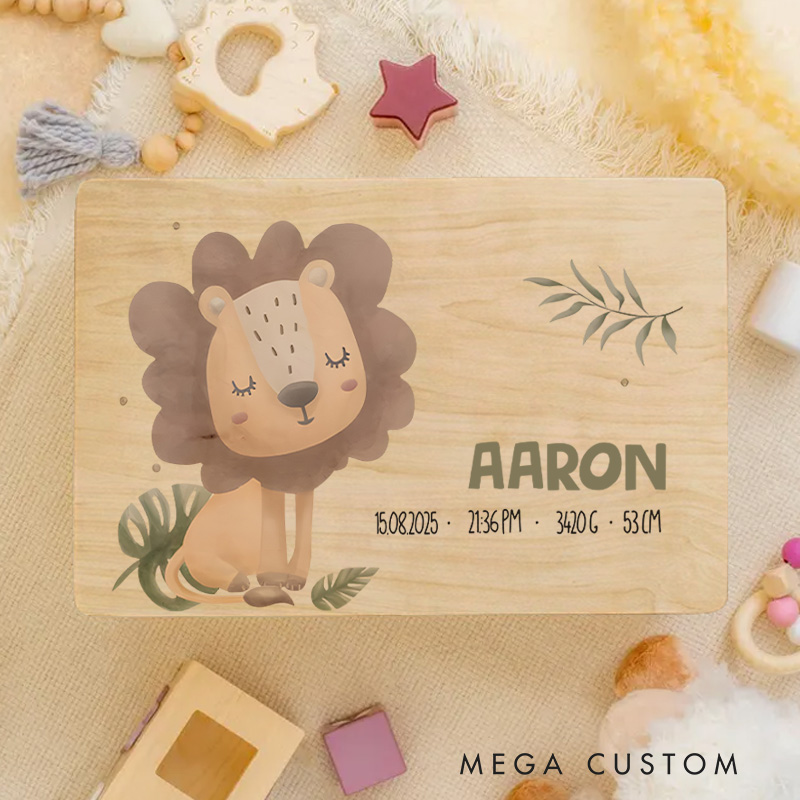 Personalized Gentle Lion Illustration with Greenery and Birth Details for a Sweet and Nature-Inspired Memory Box