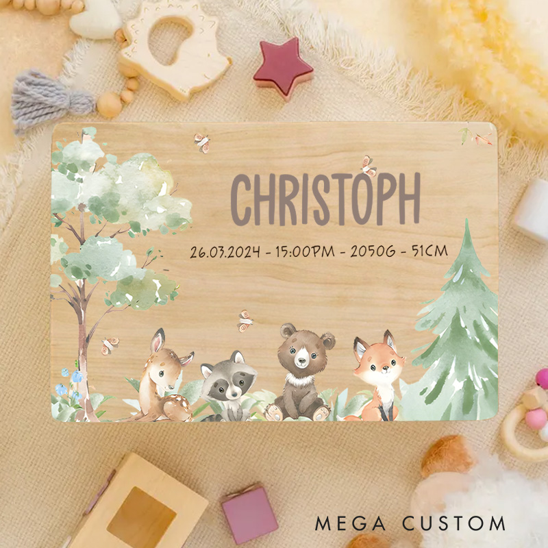 Personalized Forest Friends with Trees and Birth Details for a Whimsical and Heartwarming Keepsake Memory Box