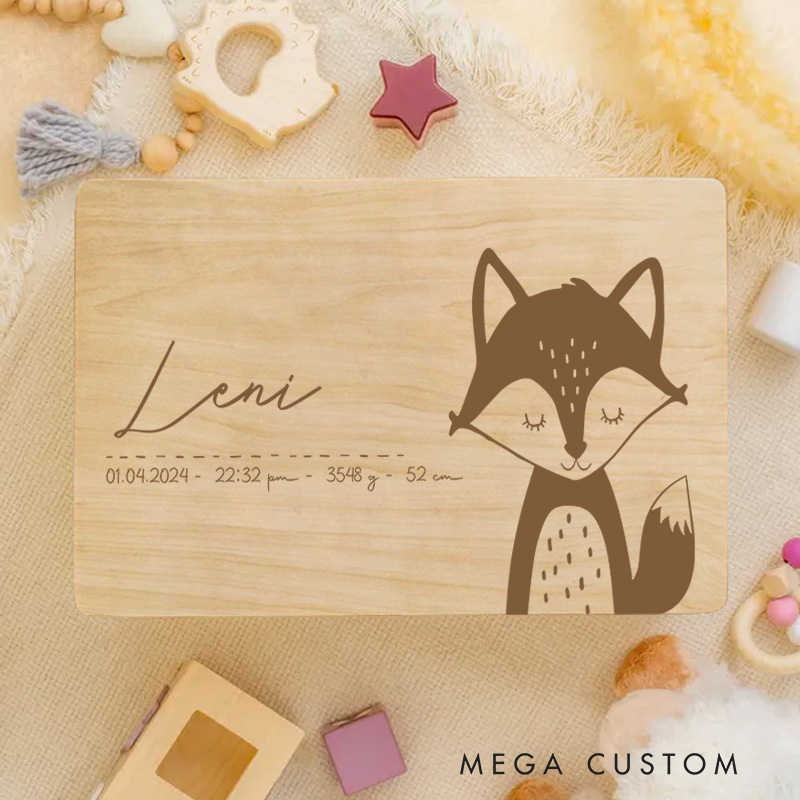 Personalized Adorable Fox Illustration with Birth Details for a Sweet and Nature-Inspired Keepsake Memory Box