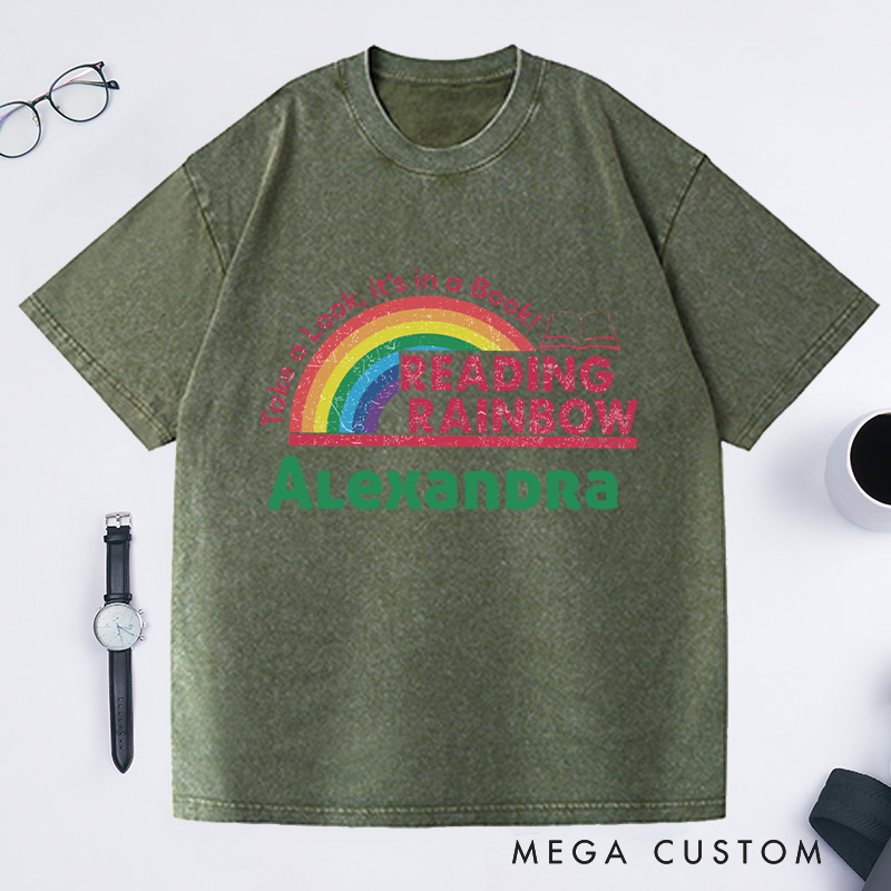 Personalized Reading Rainbow Washed T-Shirts for Librarian, Take a Look It's in a Book Shirt, Retro Librarian Tee with Name Book Lover Gift