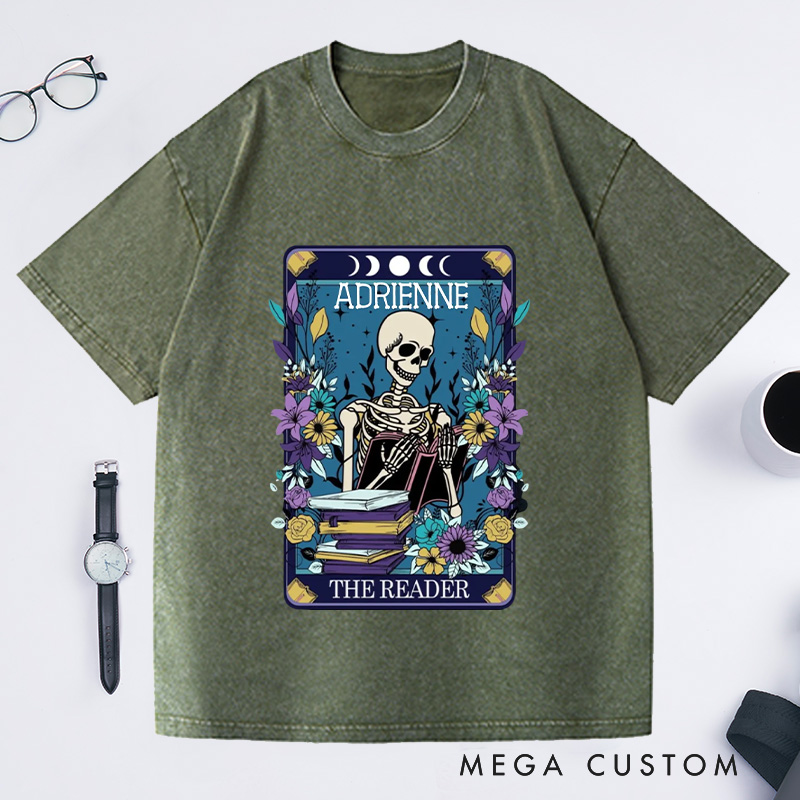 Personalized The Reader Washed T-Shirts Bookish Shirt Skeleton Tarot Shirt for Book Lover Gift Librarian Gift