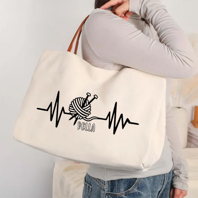 Personalized Heartbeat EKG Ball of Yarn Tote Bag Funny Gift for Knitting Lover Gift for Crocheters Heartbeat Line and Yarn Ball bag