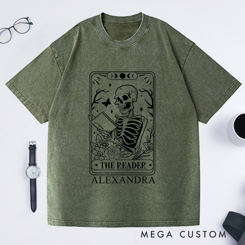 Personalized The Reader Tarot Card Shirt Skeleton Washed T-Shirts Reading Shirt Book Lover Shirt Gift Librarian Shirt 