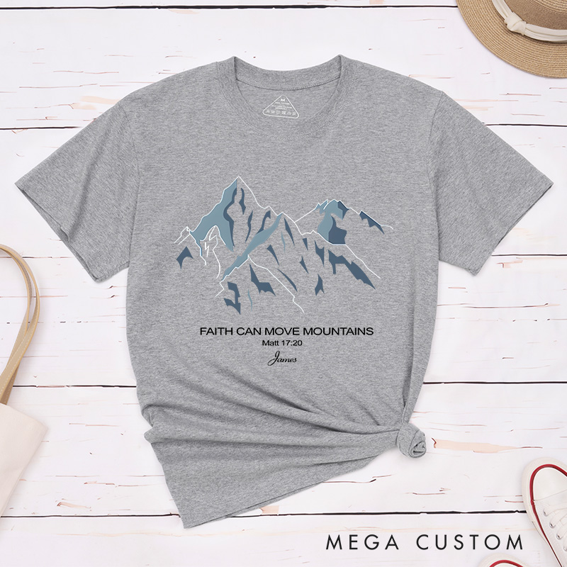 Personalized Faith Can Move Mountains Classic T-Shirt with Custom Name Essential T-Shirt Religious Shirt Birthday Easter Gift for Christians