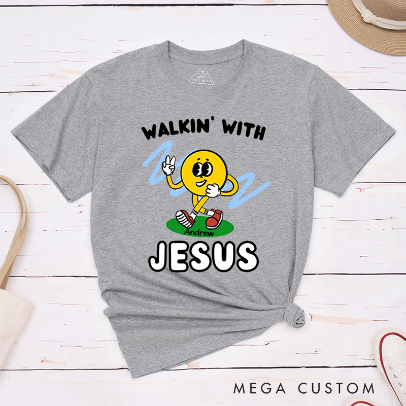 Personalized Walkin with Jesus Smiley Inspirational Shirt Cotton Classic T-Shirt with Custom Name Religious Gift Perfect Gift for Christians