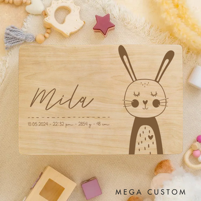 Personalized Adorable Bunny Illustration with Birth Details for a Minimalist and Sweet Keepsake Memory Box