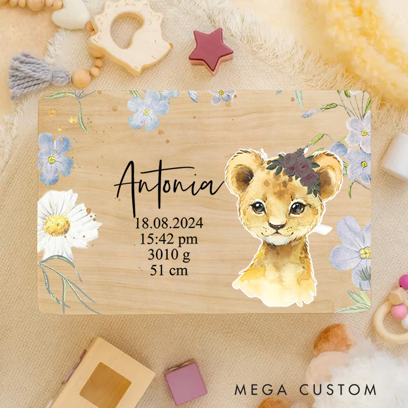 Personalized Watercolor Lion Cub and Floral Artwork with Birth Details for a Sweet Keepsake Memory Box