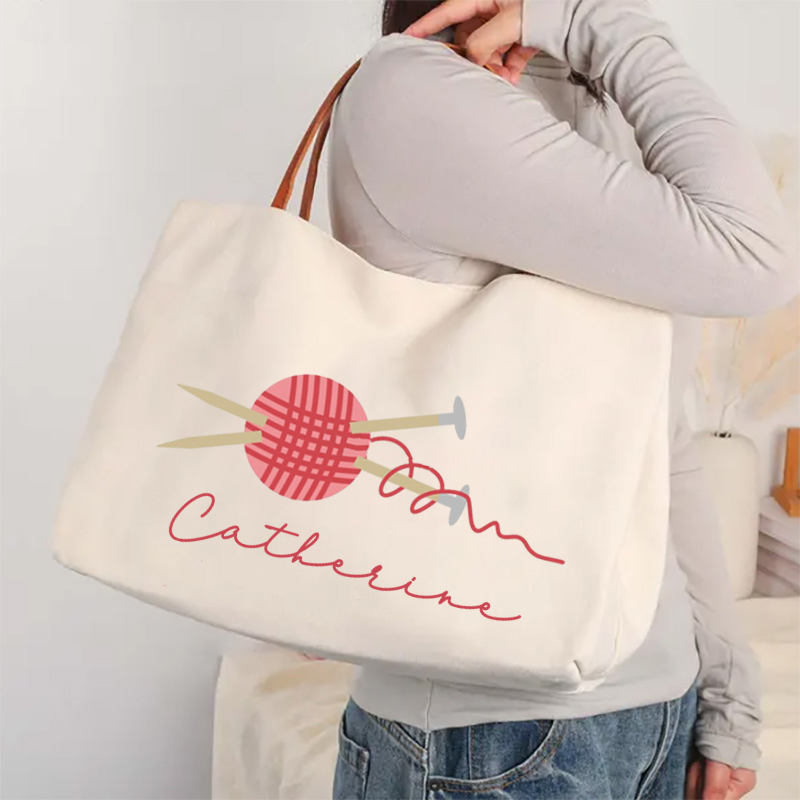 Personalized Pink Ball of Yarn with Knitting Needles Tote Bag Balls of Yarn Funny Gift for Knitting Lover Gift for Crocheters