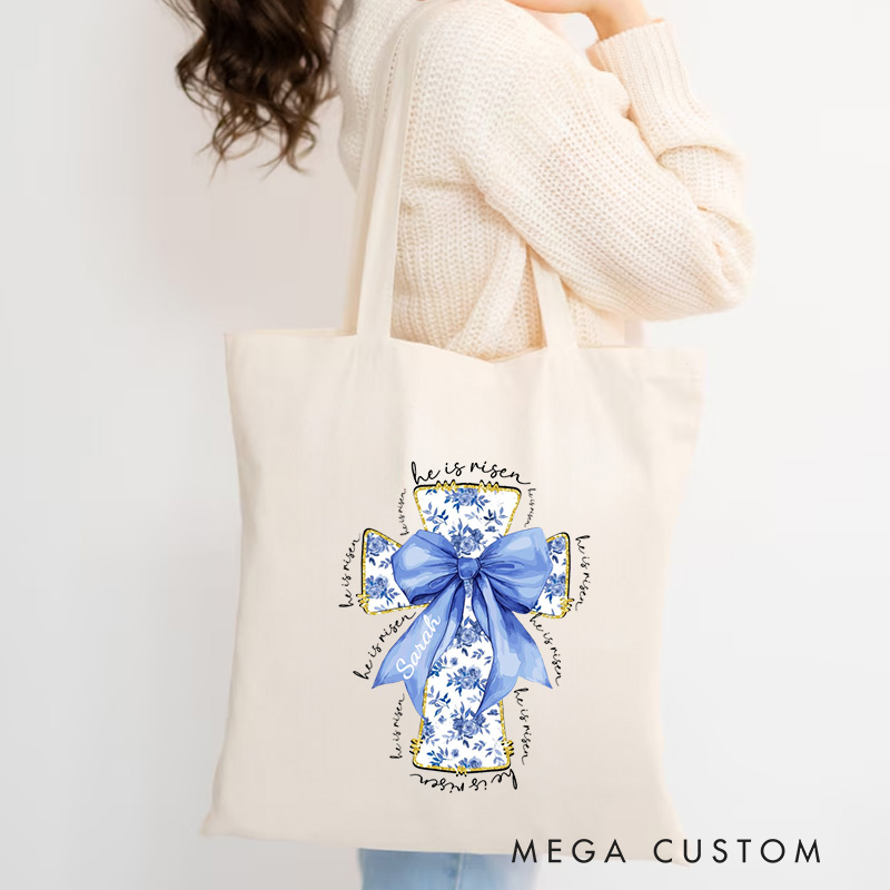 Personalized He Is Risen Bible Verse Canvas Tote Bag with Custom Name Christians Gift Birthday Gift Christian Travel Gift for Jesus Lover