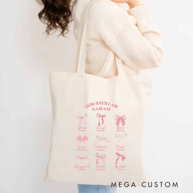 Personalized God Says I Am Classic Bible Verse Canvas Tote Bag with Name Christmas Gift for Women Positive Affirmation Religious Gift for Christian