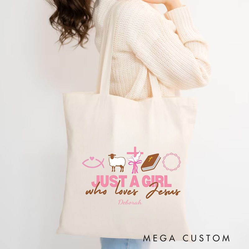 Personalized Just a Girl Who Loves Jesus Canvas Tote Bag with Name Christmas Gift for Women Positive Affirmation Religious Gift for Christian