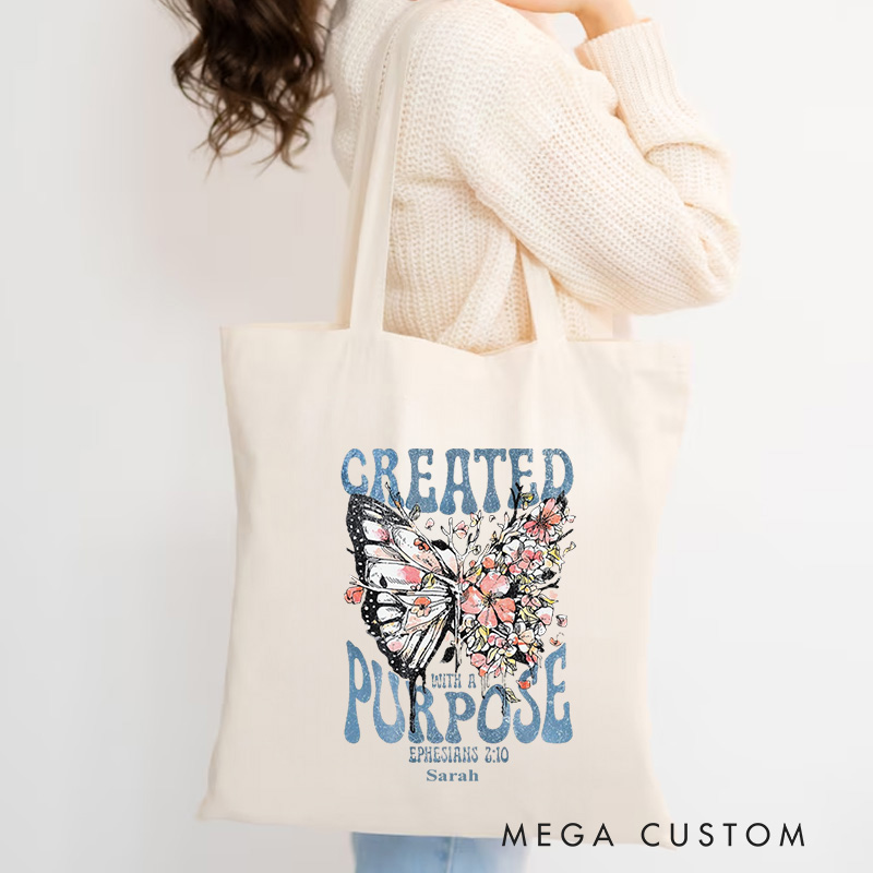 Personalized Created With a Purpose Bible Verse Canvas Tote Bag with Name Christmas Gift for Women Positive Affirmation Religious Gift for Christian