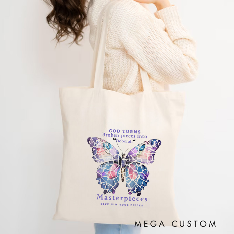 Personalized God Turns Broken Pieces Into Canvas Tote Bag with Custom Name Christians Gift Birthday Gift Christian Travel Gift for Jesus Lover 