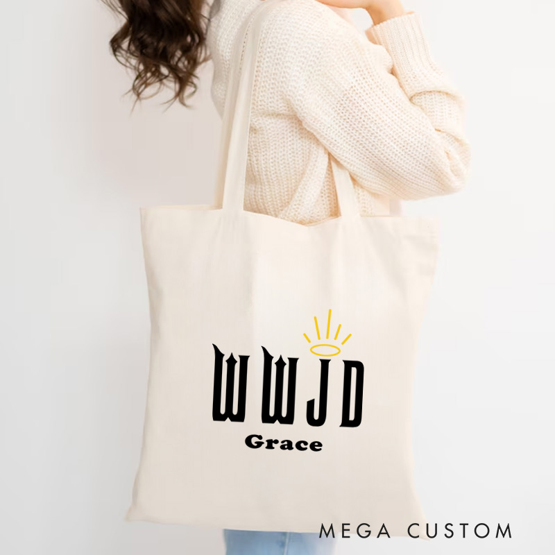 Personalized What Would Jesus Do Bible Verse Canvas Tote Bag with Name Inspirational Christmas Gift for Women Positive Affirmation Religious Gift