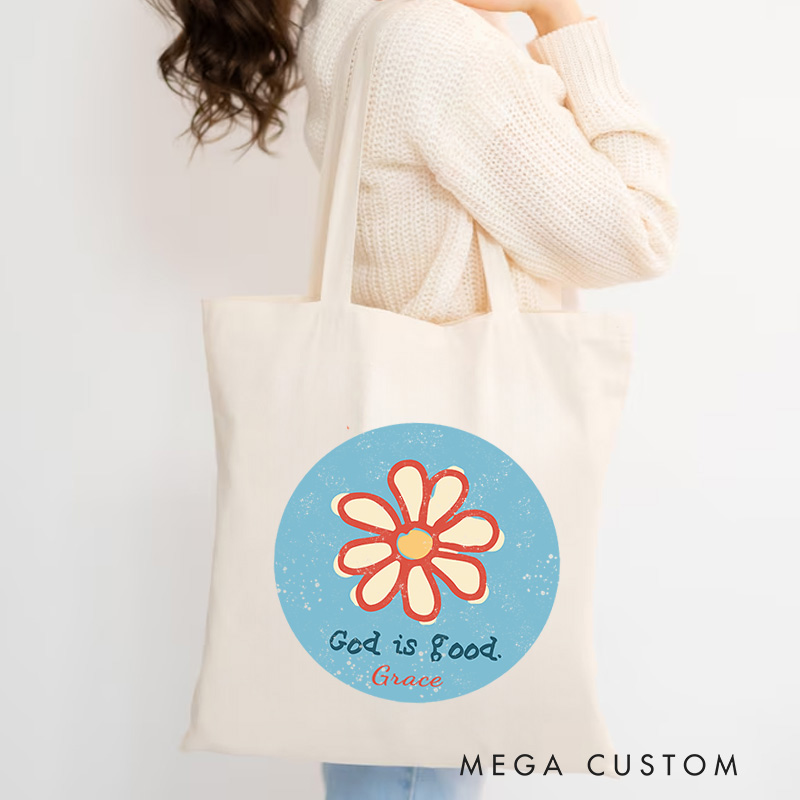 Personalized Flower God is Good Bible Verse Canvas Tote Bag with Name Inspirational Christmas Gift for Women Positive Affirmation Religious Gift