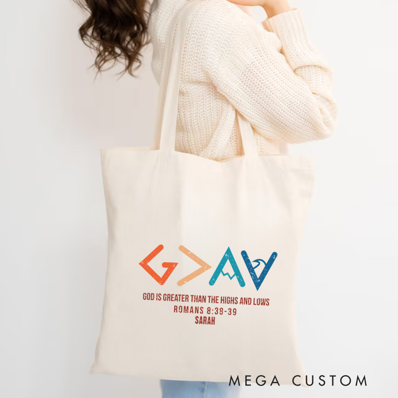 Personalized God is Greater Bible Verse Canvas Tote Bag with Name Inspirational Christmas Gift for Women Positive Affirmation Religious Gift