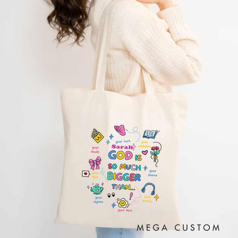 Personalized God Is Bigger Canvas Tote Bag with Custom Name Christians Gift Birthday Gift Christian Travel Gift for Jesus Lover 