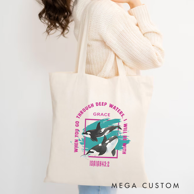 Personalized When You Go Through Deep Waters Canvas Tote Bag with Custom Name Christians Gift Birthday Gift Christian Travel Gift for Jesus Lover 