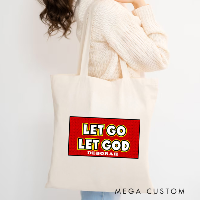 Personalized Let Go Let God Bible Verse Canvas Tote Bag with Name Inspirational Christmas Gift for Women Positive Affirmation Religious Gift