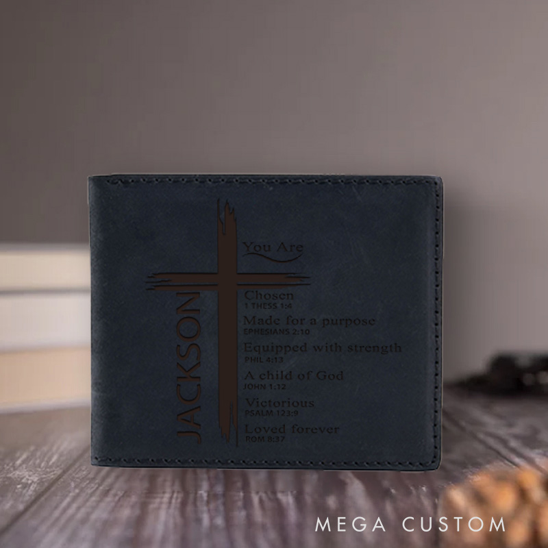 Personalized You Are Chosen Cross Leather Bifold Wallet with Multi Pocket Confirmation Gift Birthday Gift for Christians