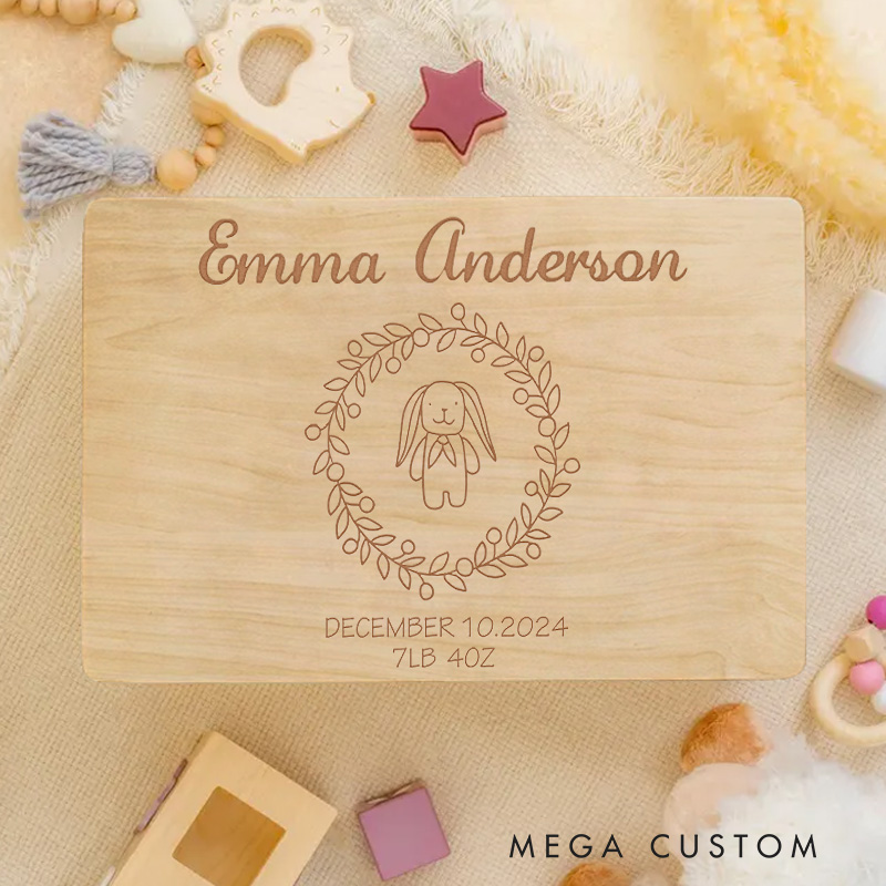 Personalized Bunny Illustration with Elegant Floral Wreath and Birth Details for a Charming and Heartfelt Memory Box