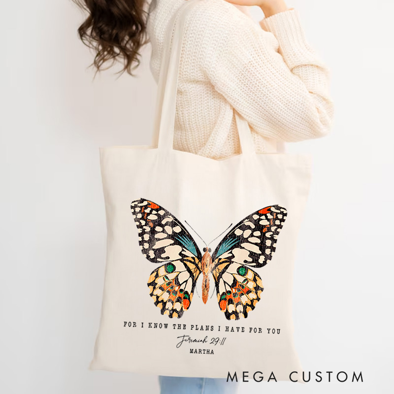 Personalized for I Know the Plans I Have for You Canvas Tote Bag with Name Christian Jeremiah 29:11 Bible Verse Bag Butterfly Bag Christian Gift