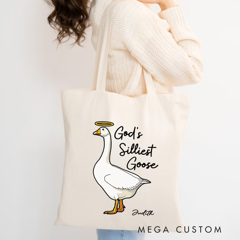 Personalized God's Silliest Goose Christian Canvas Tote Bag with Name Funny Goose Bag Faith Gift Religious Gift Christian Gift for Jesus Lover 