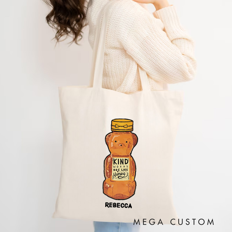 Personalized Kind Words are Like Honey Canvas Tote Bag with Name Christian Proverbs 16:24 Bible Verse Bag Funny Honey Bear Bottle Bag Christian Gift