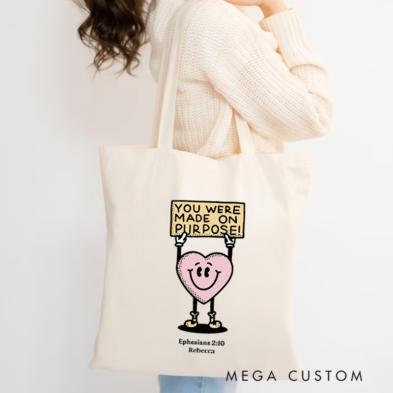 Personalized You Were Made On Purpose Canvas Tote Bag with Name Christian Ephesians 2:10 Bible Verse Bag Cute Heart Character Bag Christian Gift