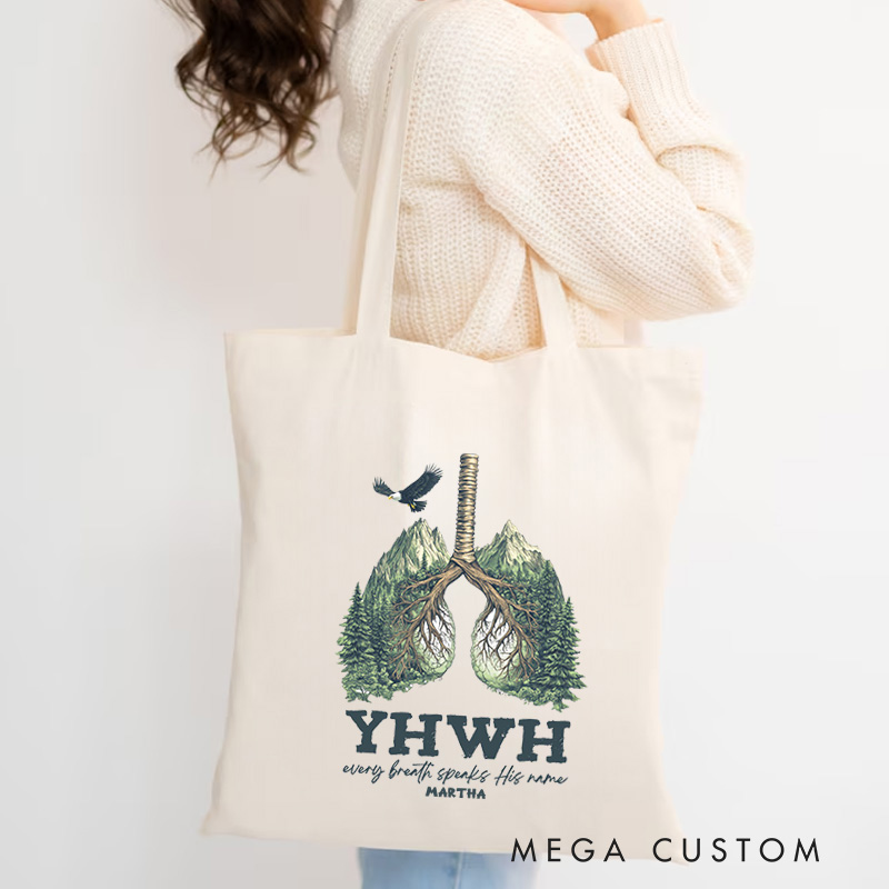 Personalized YHWH Christian Canvas Tote Bag with Name Every Breath Speaks His Name Lung and Forest Bag Jesus Gift Christian Gift for Jesus Lover