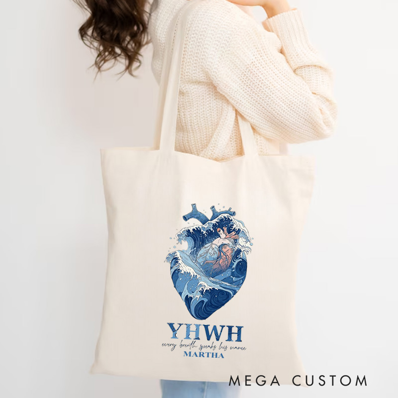 Personalized YHWH Christian Canvas Tote Bag with Name Every Breath Speaks His Name Heart and Ocean Bag Jesus Gift Christian Gift for Jesus Lover