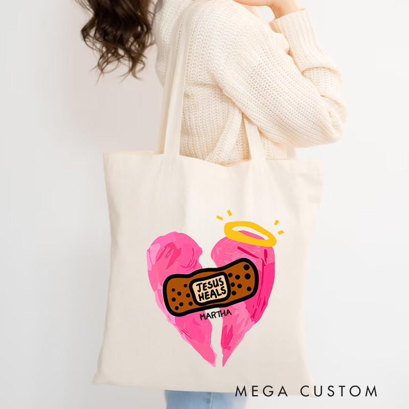 Personalized Jesus Heals Christian Canvas Tote Bag with Name Broken Heart Bandage Bag Jesus Gift Religious Gift Christian Gift for Jesus Lover