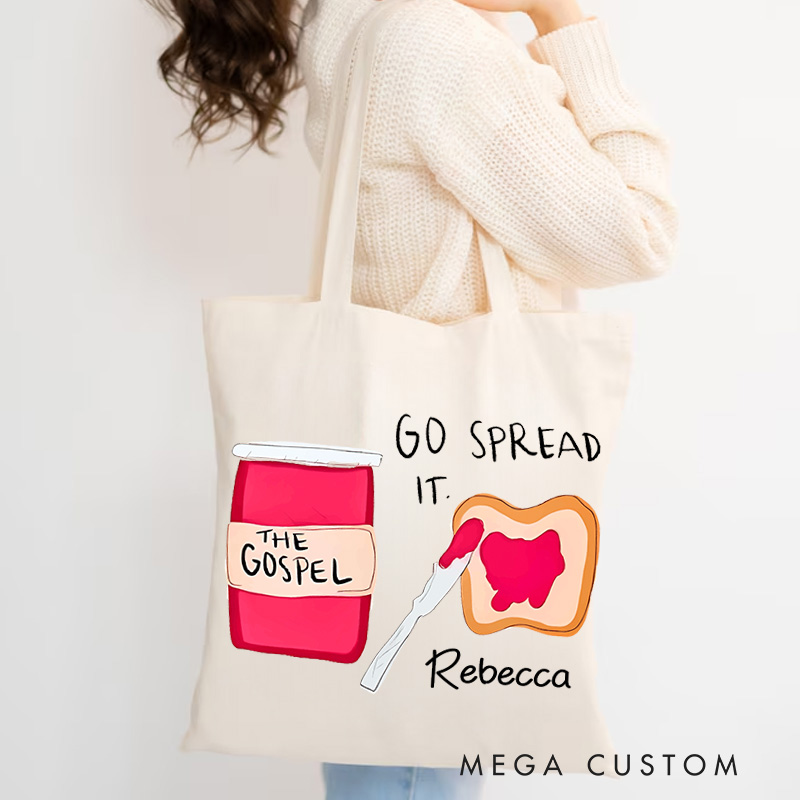 Personalized Go Spread it Christian Canvas Tote Bag with Name the Gospel Bag Humor Faith Gift Religious Gift Christian Gift for Jesus Lover