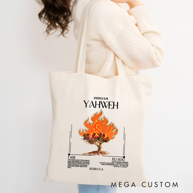 Personalized Yahweh Canvas Tote Bag with Name I am Who I am Christian Exodus 3:14 Bible Verse Bag Burning Bush Bag Christian Gift for Jesus Lover