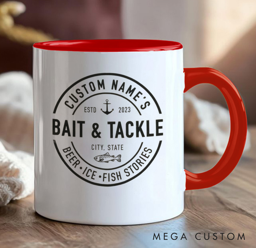 Personalized Bait & Tackle Mug Fishing Design with Name & Location for Fishing Lover