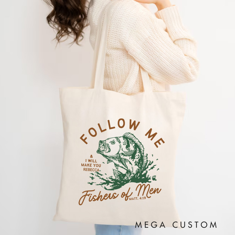 Personalized Follow Me I Will Make You Fishers of Men Canvas Tote Bag with Name Christian Matthew 4:19 Bible Verse Bag Faith Gift for Jesus Lover