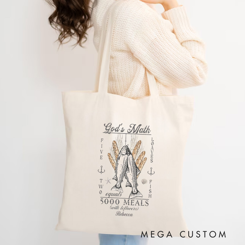 Personalized God’s Math Christian Canvas Tote Bag with Name Jesus Feeds the 5000 Bag Christ Miracles Bag Fishermen Faith Gift for Jesus Lovers