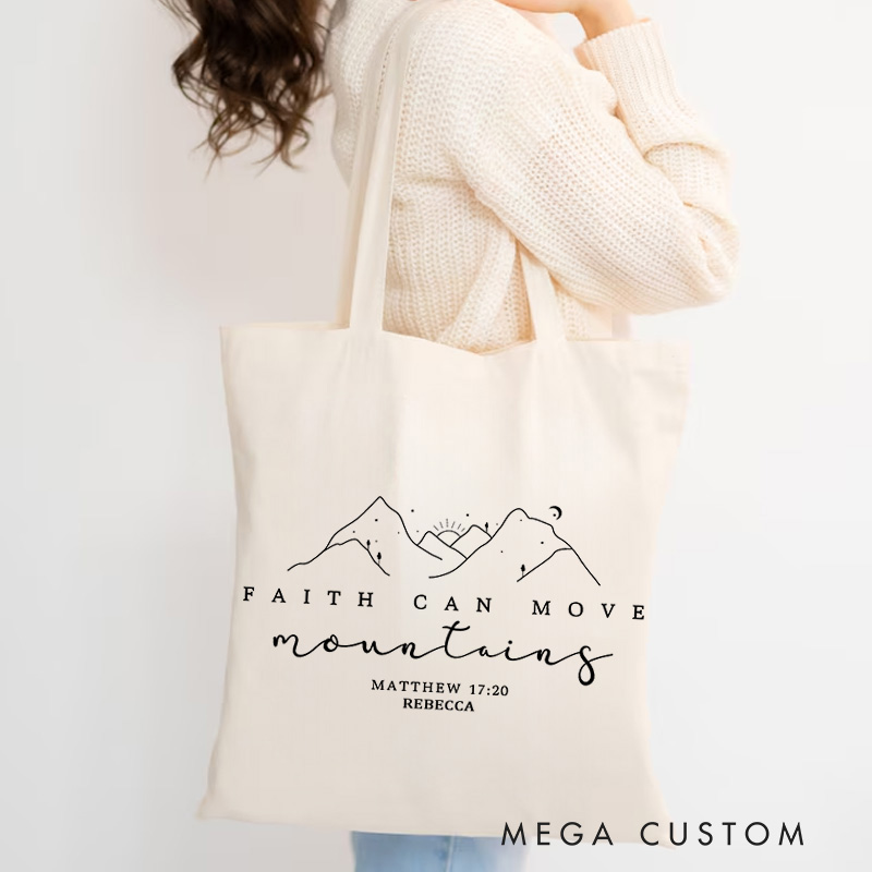 Personalized Faith Can Move Mountains Canvas Tote Bag with Name Christian Matthew 17:20 Religious Gift Christian Gift Faith Based Gift