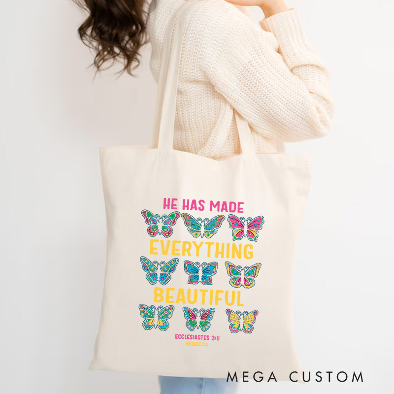Personalized He Has Made Everything Beautiful Canvas Tote Bag with Name Christian Ecclesiastes 3:11 Bible Verse Bag Butterflies Bag Faith Based Gift