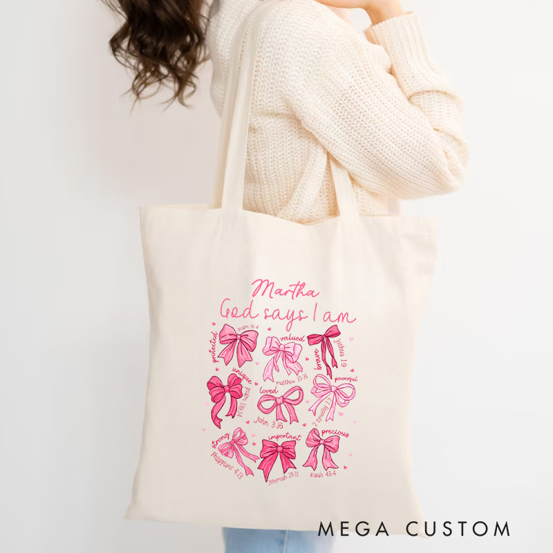 Personalized God Says I am Christian Canvas Tote Bag with Name Pink Coquette Bow Bag Bible Verse Bag Faith Based Gift Christian Gift for Jesus Lovers