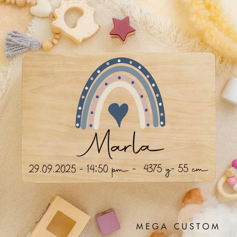 Personalized Navy and Pastel Rainbow with Heart Accent and Birth Details for a Charming and Memorable Keepsake Memory Box