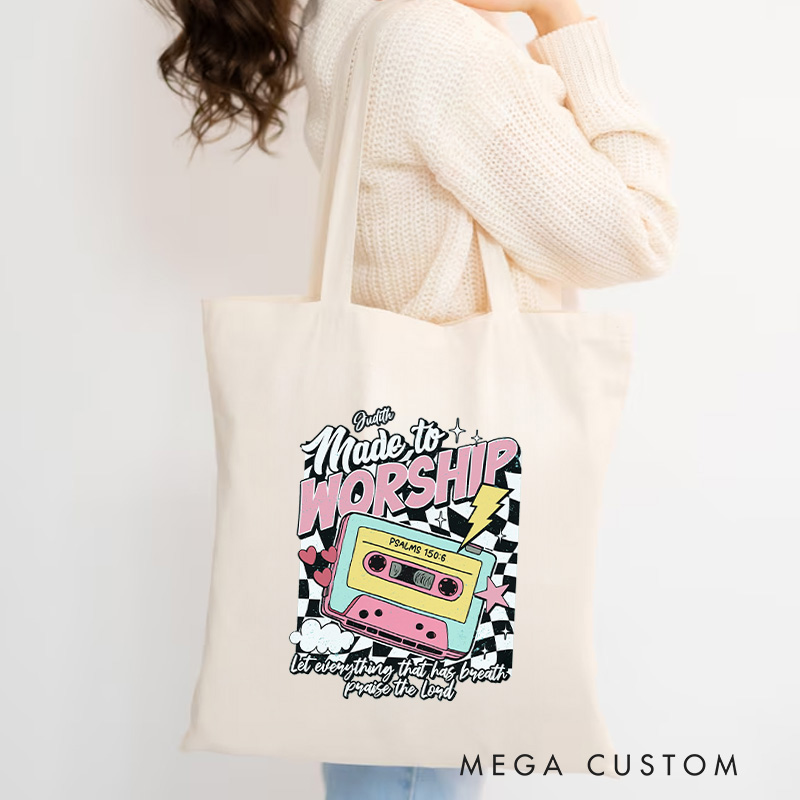 Personalized Made to Worship Canvas Tote Bag with Name Christian Psalm 150:6 Bible Verse Bag Retro Cassette Tape Bag Christian Gift Faith Based Gift