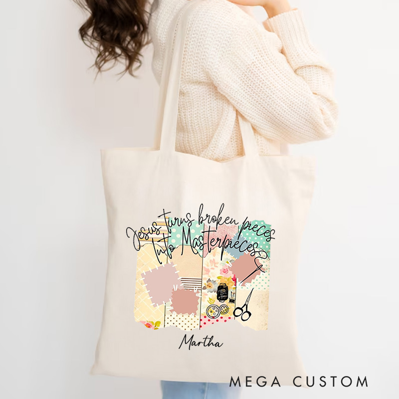Personalized Jesus Turu's Broken Pieces into Masterpieces Christian Canvas Tote Bag with Name Christian Gift for Belivies Gift for Jesus Lovers