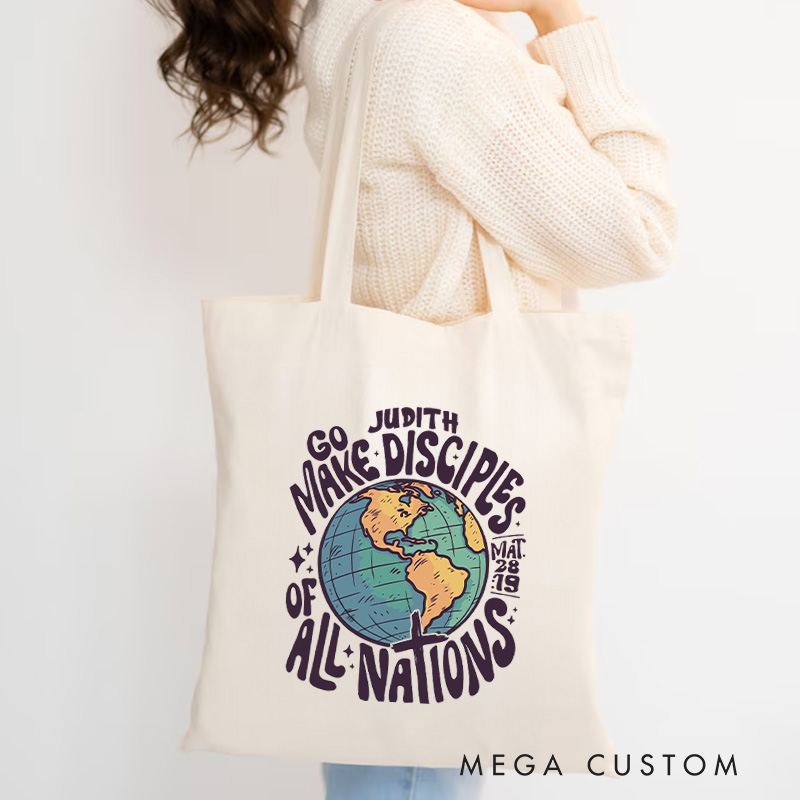 Personalized Go Make Disciples of All Nations Canvas Tote Bag with Name Christian Matthew 28:19 Bible Verse Bag Globe Bag Religious Christian Gift