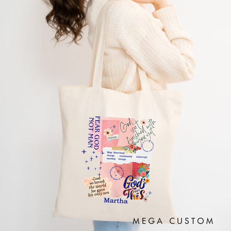 Personalized God isn't Finished with Me Christian Canvas Tote Bag with Name Retro Floral Resurrection Collage Bag Christian Gift for Jesus Lovers