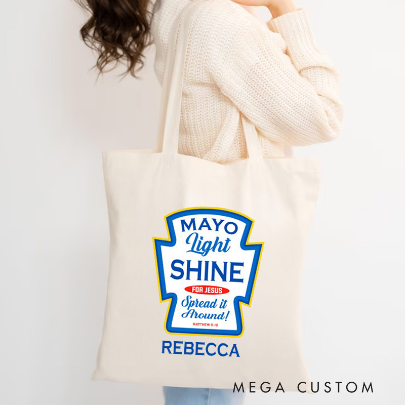Personalized Mayo Light Shine for Jesus Canvas Tote Bag with Name Christian Matthew 5:16 Bible Verse Bag Jesus Bag Christian Gift for Jesus Lover
