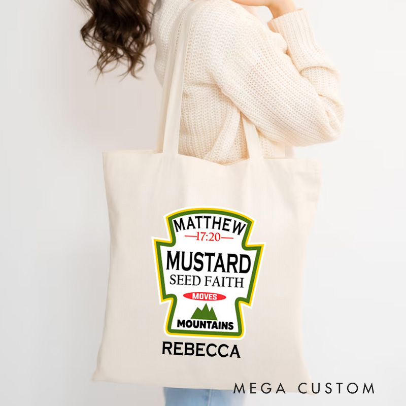 Personalized Mustard Seed Faith Moves Mountains Canvas Tote Bag with Name Christian Matthew 17:20 Bible Verse Bag Faith Bag Religious Christian Gift